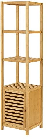 [en.casa] Bambusregal Liminka Regalschrank Badregal mit Schranktür 4 Ablagen 140 x 34 x 33 cm Standregal Natur