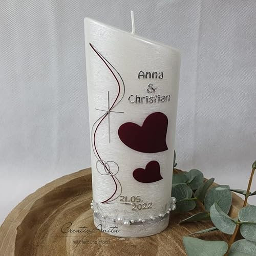 Hochzeitskerze Perlmutt geriffelt - Ellipse abgeschrägt mit Herzen dunkles BORDEAUX-SILBER inkl. Aufbewahrungsbox
