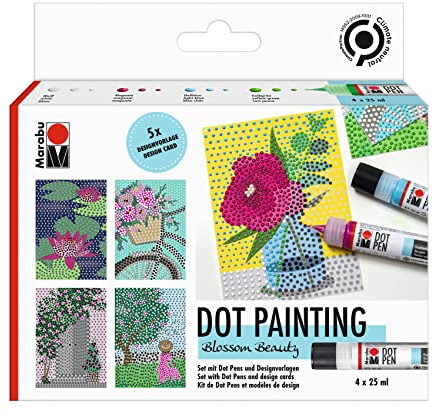 Marabu 1801000000081 - Dot Pen Set Blossom Beauty 4 x 25 ml, Punktfarbe auf Wasserbasis für dotting Technik, trocknet matt & erhaben auf, für Mandala & Gestalten in der Dot Painting-Technik
