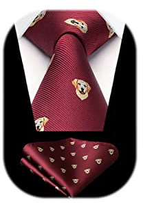 HISDERN Krawatte Weinrot Herren Krawatten Hund Muster mit Einstecktuch Krawatte Hochzeit und Taschentuch Set