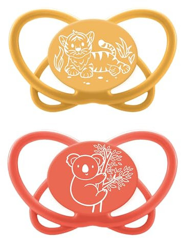 NIP Butterfly: Haut- & zahnfreundlicher Schnuller, flacher Sauger, weich & flexibel, Scheibe extra leicht & luftdurchlässig, BPA-frei, nachhaltig, mit Box, 5-18 Monate, Gelb/Rot