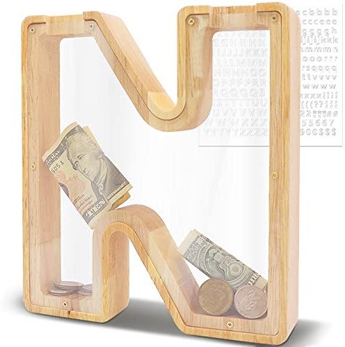 DBPBToU Spardose aus Holz Buchstaben, Groß Durchsichtig Sparschwein für Kinder, 23 * 4 * 23cm Große Personalisierte Sparbox, Lustige Piggy Bank für Geburtstag Geschenk/Heimdekoration/Keepsake (N)