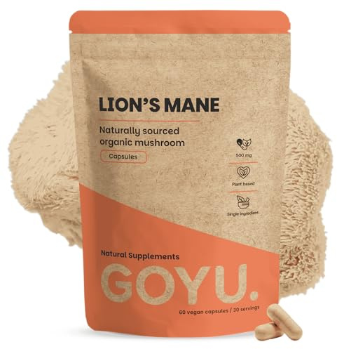GOYU Lions Mane Kapseln (Hericium Erinaceus) 500 mg Bio 60 Capsules - Hericium Erinaceus - Löwenmähnen-Kapseln - Fokus & Konzentration - Pilzmischung - Vegan - Ohne Zusätze - Laborgeprüft - 30 Tage