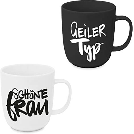 ReWu Porzellan-Becher 2er-Set mit Schriftzug - Geiler Typ/Schöne Frau - Schwarz Weiß Tasse Henkelbecher Kaffebecher Trinkbecher Mug Frühstück Brunch Geschenkidee 400ml