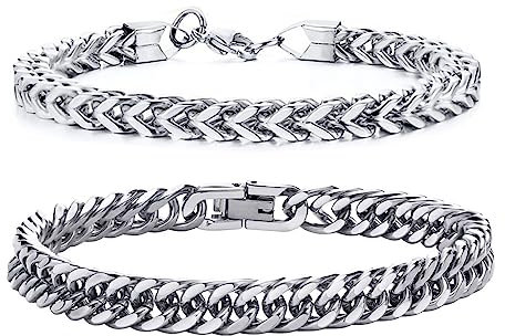 GoPaw 2 Stück Herren Armband Panzerkette, Edelstahl Herren Armband Schwarz Silber Panzerkette Armbänder Hip Hop Jewelry Cuban Link Chain Armbänder für Männer Jungs (Silber-21cm)