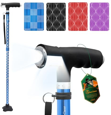 BeneCane Gehstock mit Zwei LED-Leuchten für Männer und Frauen, höhenverstellbarer Spazierstock mit Stabiler Basis, zusammenklappbarer Stock mit T-Griff, leicht & stabil