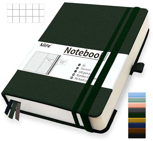 Mlife A5 Kariert Journal Notizbuch,360 Seiten Und 100g/M² Tintenfestes Papier,Hardcover Collegeblock Notizblock,Notizbücher Mit Falttasche Für Büro Schule Zuhause Schreiben&Notizen(Grün)