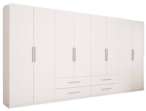 e-Meblast Moderner Kleiderschrank 400x220 cm - Geräumiger, praktischer Schrank mit Kleiderstange, Ablagen, Schubladen - Garderobe, Schlafzimmerschrank für Schlafzimmer, Ankleidezimmer - Weiß