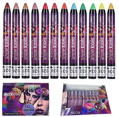 EnMart 12 Farben Lidschatten Stick, 2 IN 1 Glitzer Lidschatten Stick, Wischfester, Matt-Perlmuttfarbener, Hochgesättigter Lidschatte, Eyeliner Stift, Cremige Lidschatten Bleistift Crayon Women Make-up