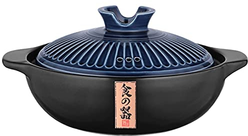 fUfIzU Handmade Casserole Dish, Heat-Resistant Ceramic Stockpot, Double Handle Japanese Donabe Hot Pot for Stew Soup Noodles,Blue,1.8L