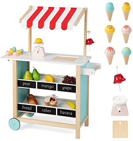 DREAMADE Kinder Eiswagen mit 6 Spielzeug-Eiscreme, Kaufladen aus Holz mit 2 Rädern und Markise, Einkaufsladen für Kinder ab 3 Jahren (Rot)