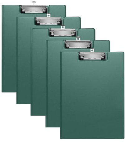 (5 Stück) Klemmbrett A4 mit Deckel, Schreibbrett Klemmbretter mit Metalklemme und Aufhängeose, Aufklappbare Clipboard mit Tasche, Klemmbrettmappe für Büro,Schule（Grün）