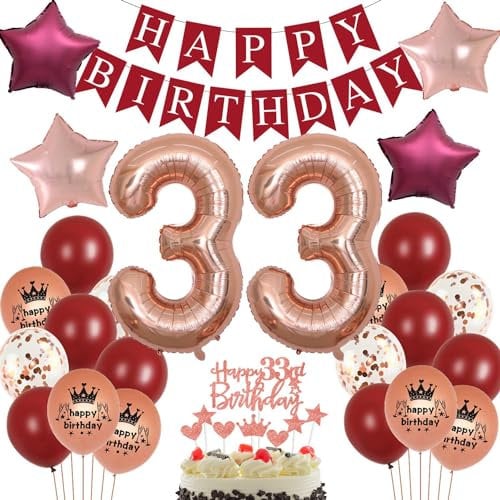 33 anni Decorazione Compleanno donna, Palloncini 33 anni compleanno rosso, Decorazione 33 anni compleanno Oro Rosa, Palloncini Decorazione 33 anni donna, Palloncino rosso 33 anni donna