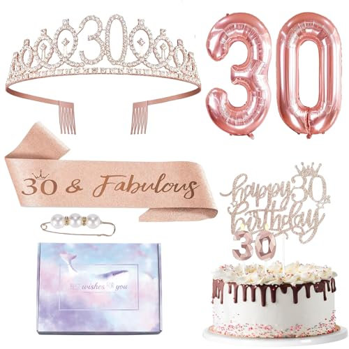 Rose Gold 30th Birthday Sash and Tiara Set for Women,30th Birthday Decorations 30th Crown,30th Candles Cake Topper,Foil 30 Balloons,30th Badge Birthday Crown Sash for Woman,Her 30th Birthday Gifts