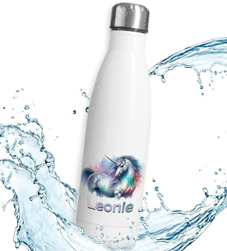 timalo® Thermosflasche personalisiert mit Namen auslaufsichere Edelstahl Trinkflasche Wasserflasche für Kinder Mädchen Jungen 750mL | Buntes Einhorn