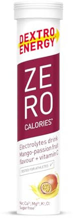 Dextro Energy Zero Calories Elektrolyte ohne Zucker - Mango Passionfruit + Vitamin C Zusatz, 12x20 Brausetabletten mit Natrium, Magnesium, Chlorid, Calcium und Calium für Sportgetränke