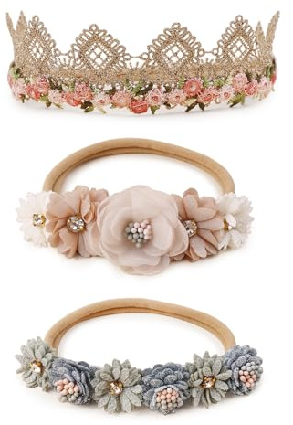 BFNAAgirl Baby Girl Floral Headband Nylon Flower Crown Elastic Hairband 3pcs Hair Accessories Gift for Girls (9572)
