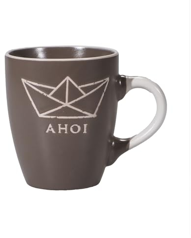 Seaside No.64 - maritimes Steingut-Geschirr in taupe - Mix & Match Serie aus Keramik - nautische Motive zum Kombinieren - Küchenzubehör, Geschenkartikel (Tasse 350ml, Papierboot)