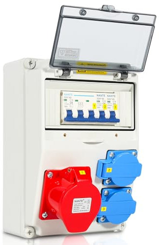 Joparri Distributore a parete, con 2 prese Schuko, 1 x 5 poli 16 A, distribuzione dell'alimentazione con interruttore di protezione del tubo, con coperchi di sicurezza