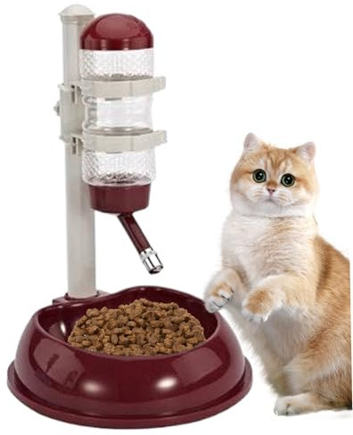Dog Water Dispenser and Food Bowl, No-Drip Automatic Water Bottle for Dogs Bowl Dispenser with Adjustable Stand, Detachable Pet Cat Dog Crate Water Bowl for Dog and Cat, Wine Red