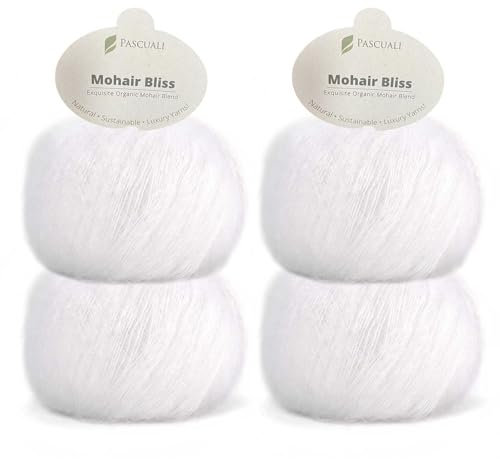 PASCUALI | Mohair Bliss |Strickwolle aus 60% Mohairwolle (Kid Mohair) 40% Seide Wolle Mohairgarn zum Stricken und Häkeln, SET: 4 Knäuel - 100g - Farbe:Weiß 827
