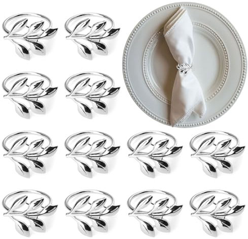Serviettenringe Silber, 12 Stück Elegante Metall Serviettenring, Serviettenringe Weihnachten Serviettenschnallen Blätter Napkin Rings für Weihnachten Hochzeitsfeier Abendessen Jubiläum Tischdekoration