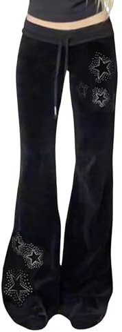 Bosloga Samt-Stern-Schlaghose für Damen, Bootcut Low Rise Kordelzug Glockenhose, Y2K Streetwear, Schwarz, Groß