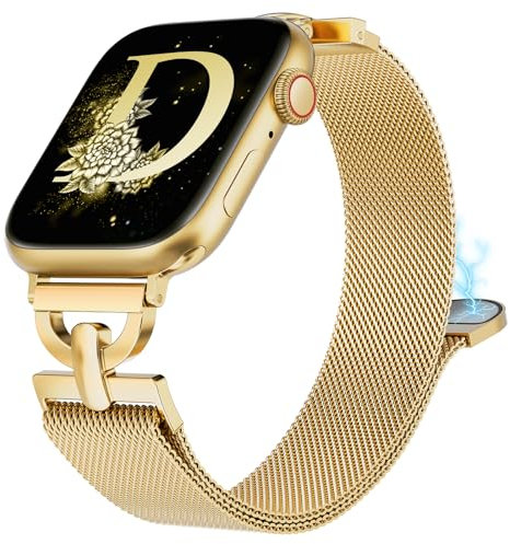 BEEXI Metal Compatible with Apple Watch Strap Women 40mm 41mm 38mm 42mm, Magnetic Adjustable Replacement Band with Mesh Loop D-shaped for iwatch SE Series 10/9/8/7/6/5/4/3/2/1, Gold