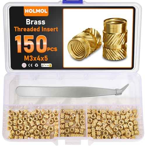 HOLMOL Gewindeeinsatz 150 Stück Set, Messing Einschmelzgewinde M3x4x5mm | Gewindeeinsatz 3D Druck, Gerändelt Einpressmuttern für 3D Druck Zubehör, DIY Projekte, Kunststoff, Gewindeeinsätze mit Box