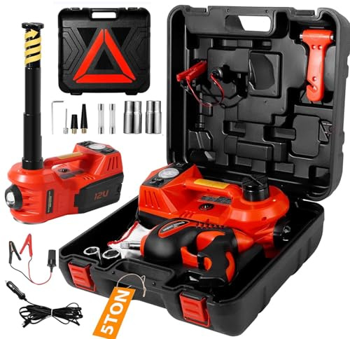 Kit de Gato eléctrico para Coche, 5 toneladas, 12 V, Gato de Piso con Llave de Impacto y Bomba infladora de neumáticos, Gato hidráulico portátil para SUV, sedanes, Cambio de neumáticos con luz LED