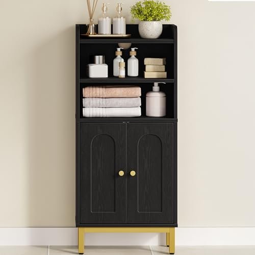 Hzuaneri Meuble de Salle de Bain, Armoire de Salle de Bain, Meuble de Rangement avec 2 Portes, avec Compartiment Ouvert, Étagères Réglables, 20 x 37 x 83 cm, Noir BC48204G
