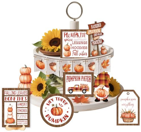 AHANDMAKER 16 Pieces Fall Pumpkin Tiered Tray Decor, Rustic Farmhouse Truck Wooden Decorations Set, Cute Table Top Decor for Farmhouse Thanksgiving Fall Halloween Tabletop Centerpieces Decorations