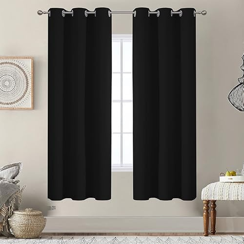 VEHEDE Thermoisolierte Vorhänge & Gardinen für Schlafzimmer, 63 Inch Drop Wohnzimmer Lärmreduzierung Verdunklungsvorhänge mit Öse, Super Soft Blackout Blickdicht Vorhang, H160 x B97, Schwarz, 2 Panels