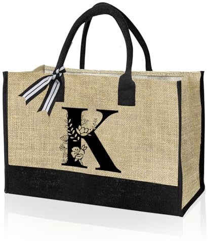 VLYX Personalisierte Canvas-Tragetasche mit Initialen, Strandtasche, Geschenktasche, geeignet für Geburtstag, Hochzeit, Strand, Urlaub, tolle Geburtstagsgeschenke für Frauen, Mütter