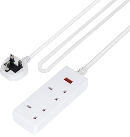 GEEPAS 2 Gang Extension Lead, 1M Cable | 2-Way Plug Extension Cable with Neon Indicator Light | Wall Mountable & Multi Socket Mains Strip for Home Bedroom Office | Heavy Duty UK Plug | White