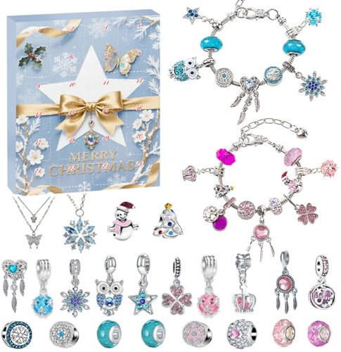Advent Calendar Charm Bracelet 2025, Advent Calendar for Kids 24 Days Countdown Christmas Gifts with Bracelet Necklace Christmas Holiday Party Countdown Days Gifts