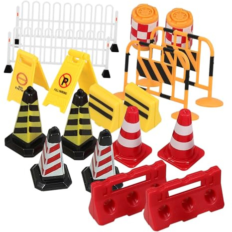 WEKAMOS 18pcs Mini Traffic Roadblock Signs Playset Mini Road Blocks Construction Traffic Sign Miniature for Pretend Street Play