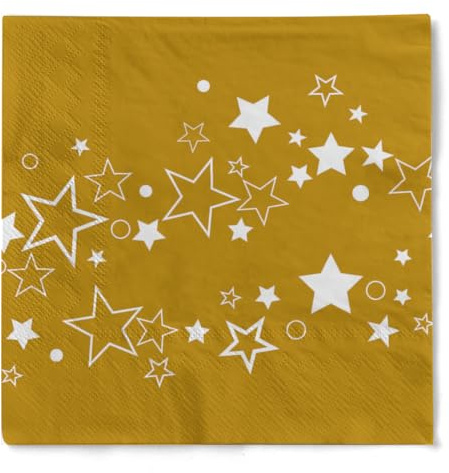 HAPPY PAPER Weihnachtsserviette GALAXY GOLD-WEISS aus 3-lagigem Tissue, 1/4 Falz, 33x33cm, 20 Stück – Design mit weißen Weihnachtssternen auf goldfarbenem Hintergrund