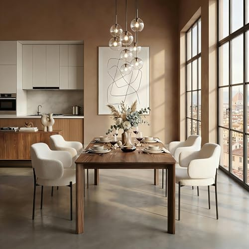 YU YUSING 4 Chaises Salle à Manger Bouclettes Rembourrées avec Accoudoirs | Dossier Évidé Incurvé Ergonomique, Coussin Épais 7cm, Fauteuil de Salon et Cuisine, Charge 120kg, Structure Métal, Beige