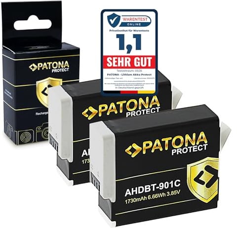 PATONA 2x Protect Batteria per GoPro Hero 12 11 10 9 (1730 mAh) – ricambio per GoPro Enduro AHDBT-901 SPBL1B – guscio V1 ignifugo, resistente al freddo – doppio pack per action e inverno