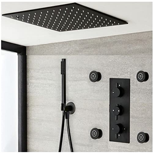 Milano Nero - Thermostatic Mixer Valve Ceiling Mounted Recessed Shower Head Handset Body Jets - Black