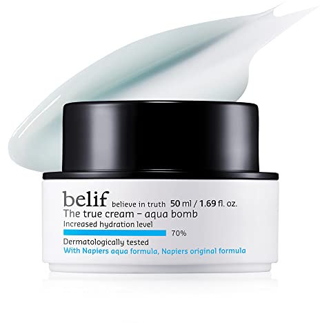 Belif True Cream Aqua Bomb 50ml, Leichte Feuchtigkeitscreme, Frauenmantel Haferschalen, Hydratation Gesichtscreme, Mischhaut bis Fettige Haut, Tagescreme Gesichtspflege, Koreanische Kosmetik