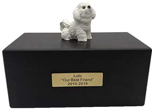 Personalized Rosewood Custom Pet Ashes Urn with Statue Customisable Engraved Nameplate for Dog and Cat Name and Date Pets Box Cremation Funeral Keepsake Urns for Dogs Cats Memorial (Bichon Frise)
