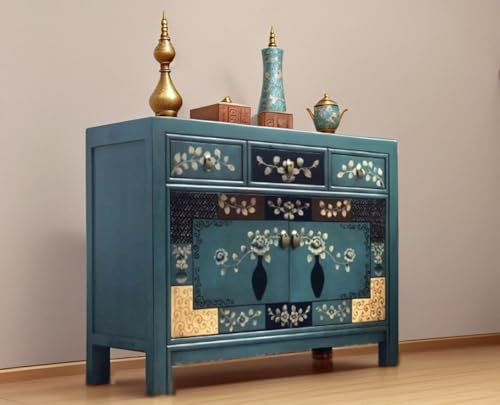 OPIUM OUTLET Asia Sideboard Kommode chinesisch Wohnzimmer-Schrank orientalisch antik Shabby Vintage Anrichte Buffet asiatisch blau Möbel komplett montiert