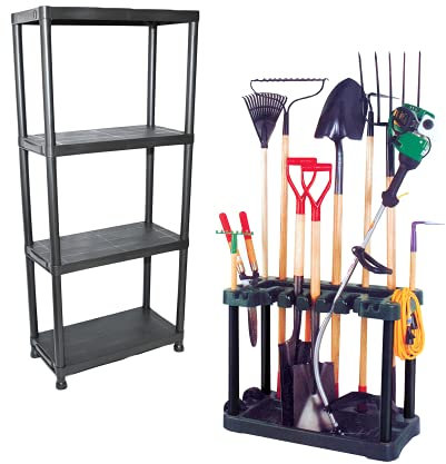 KCT Garden Tool Rack Storage Trolley on Wheels with 4 Tier Shelving Organiser Unit