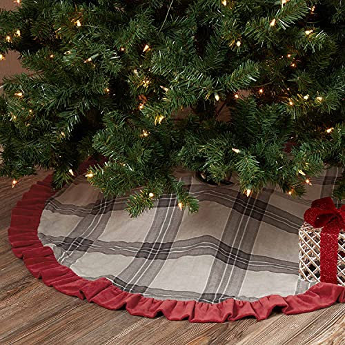 Gonna per albero di Natale a quadri crepuscolo con bordo in velluto rosso, diametro 48 pollici, decorazione vintage per vacanze in fattoria