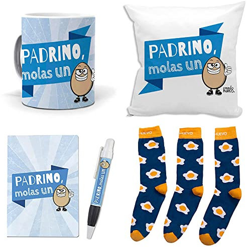 Mega Regalo Personalizado para Padrinos. Padrino molas un Huevo. Taza, cojin, libreta, boli y Trio de Calcetines