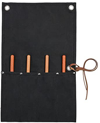 Xingte Heavy Duty Waxed Canvas Chisel Roll Bag, Multi-function Tool Bag with 4 Tool Pockets, Leather Rope, Black