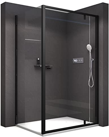 BERNSTEIN - Cabine de douche d'angle 90x110x195cm porte battante verre trempé ESG 6mm anticalcaire, Profilés Noir mat, Charnières réversibles gauche/droite - NT606 FLEX