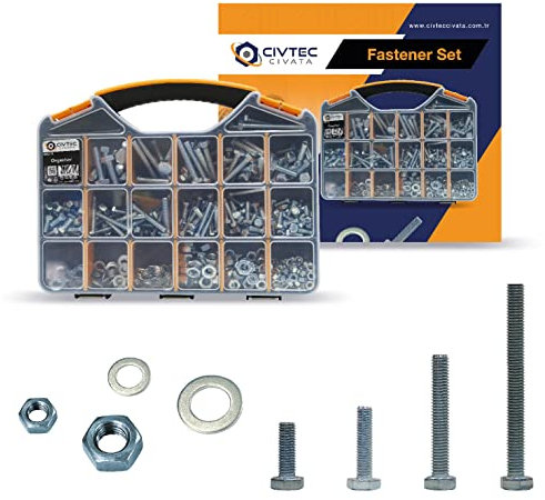 Civtec 591 Stück 20 Typen Schraube - Mutter - Unterlegscheibe Set - Edelstahl Muttern und 8.8 Sechskantschrauben mit Flachem Kopf - Vorsortiert in praktischen Werkzeugbox